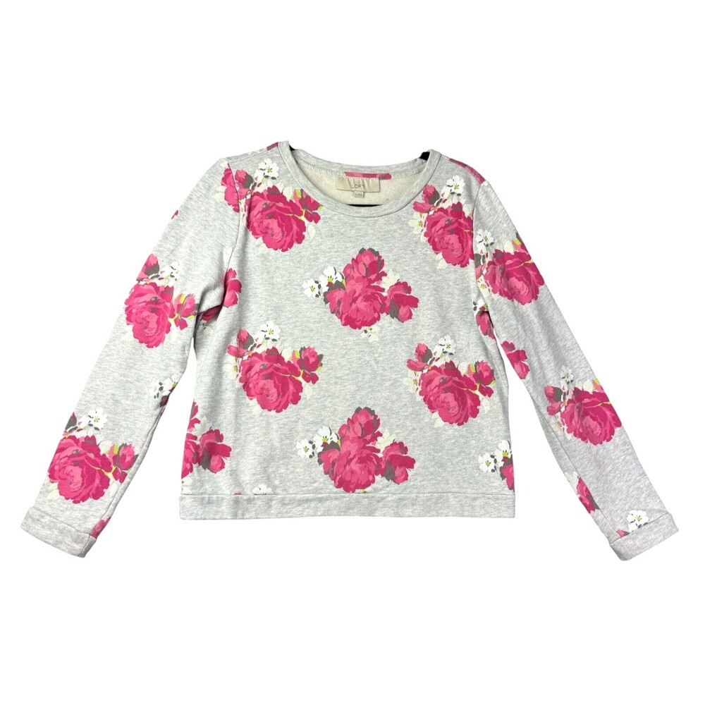 LOFT Sweater Women's Medium Gray Pink Floral Long Sleeve Crew Neck Cotton Top